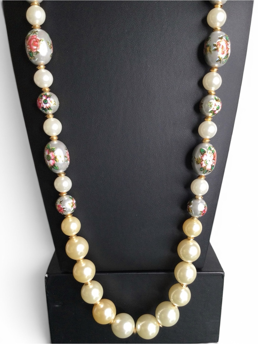 Vtg Graduated Faux‑Pearl Necklace w/ Gray Lacquered Tensha‑Style Floral Beads - Picture 10 of 15